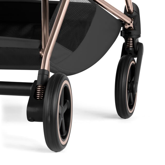 An image of the CYBEX Platinum Mios - Style Collection Stroller, highlighting the All-wheel Suspension feature.