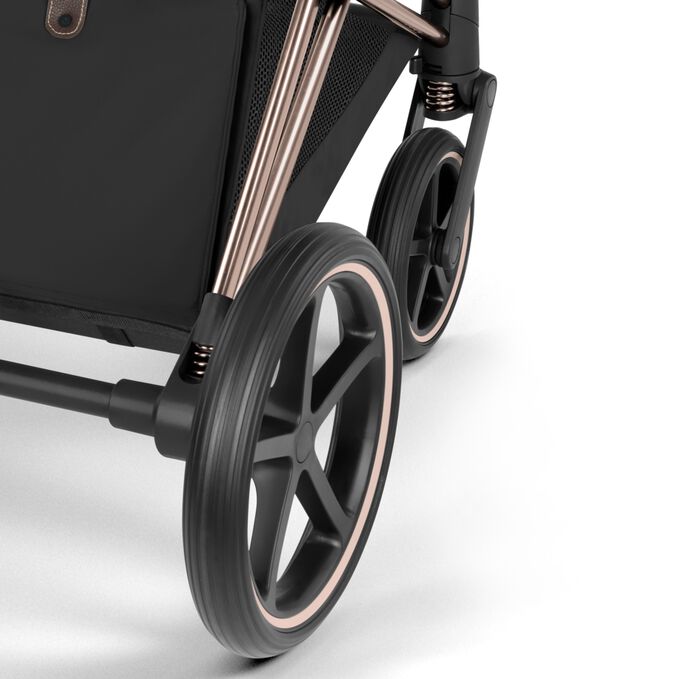 Afbeelding van de CYBEX Platinum Priam Stroller, met de nadruk op de functie All-Wheel Suspension.