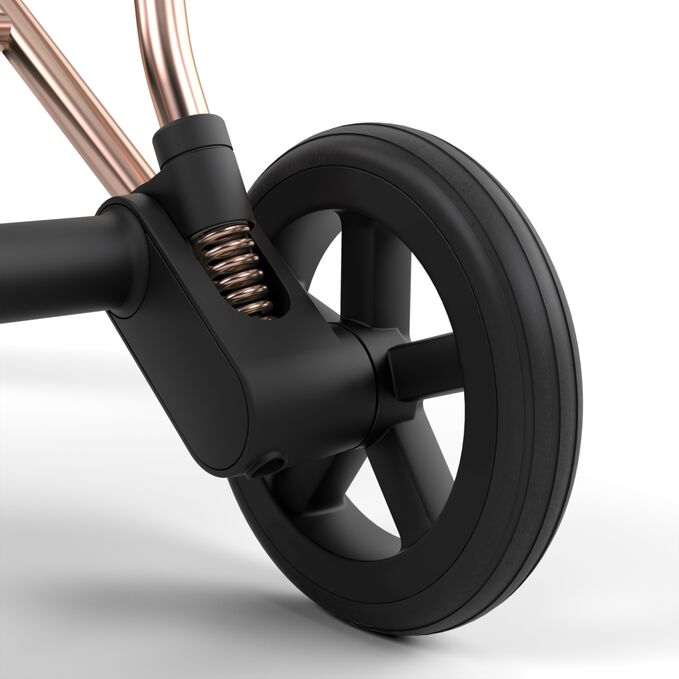 An image of the CYBEX Platinum Mios Jeremy Scott - Wings Stroller, highlighting the All-wheel suspension feature.
