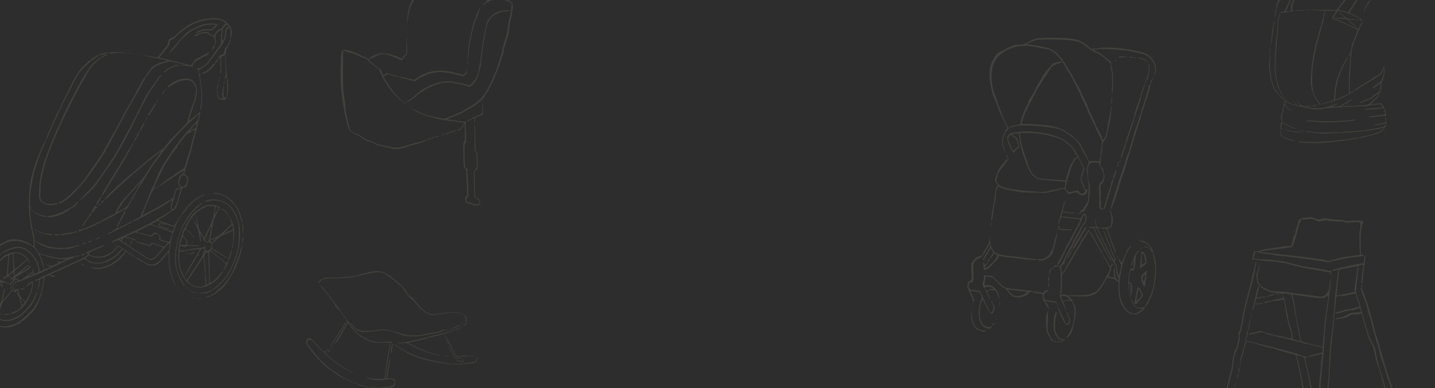 Strichzeichnungen von Kinderwagen, St&uuml;hlen und einem Schaukelstuhl auf schwarzem Hintergrund.