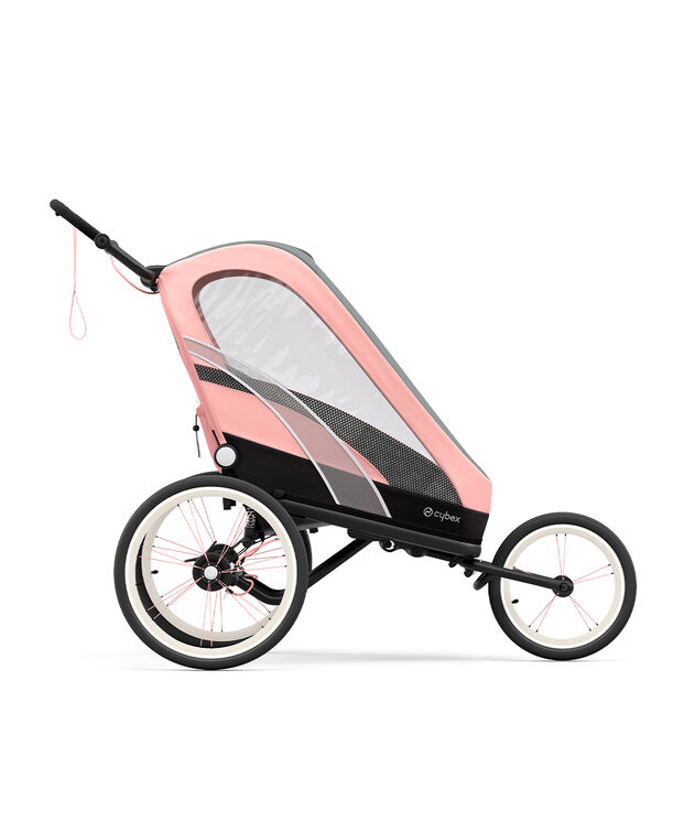 Cybex stroller in pink with a transparent canopy and large wheels