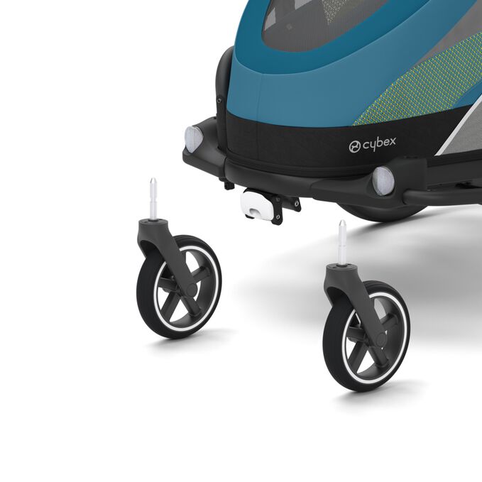 An image of the CYBEX Gold Zeno Bike Bike Trailer, highlighting the Swivel front wheels feature.