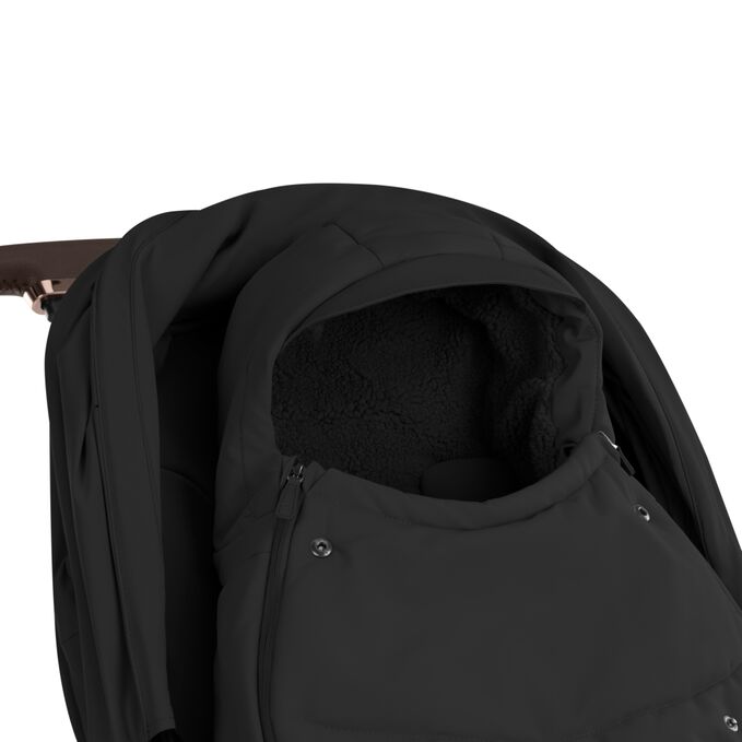 An image of the CYBEX Platinum Platinum Footmuff Accessories for Strollers, highlighting the Adjustable hood with visor feature.
