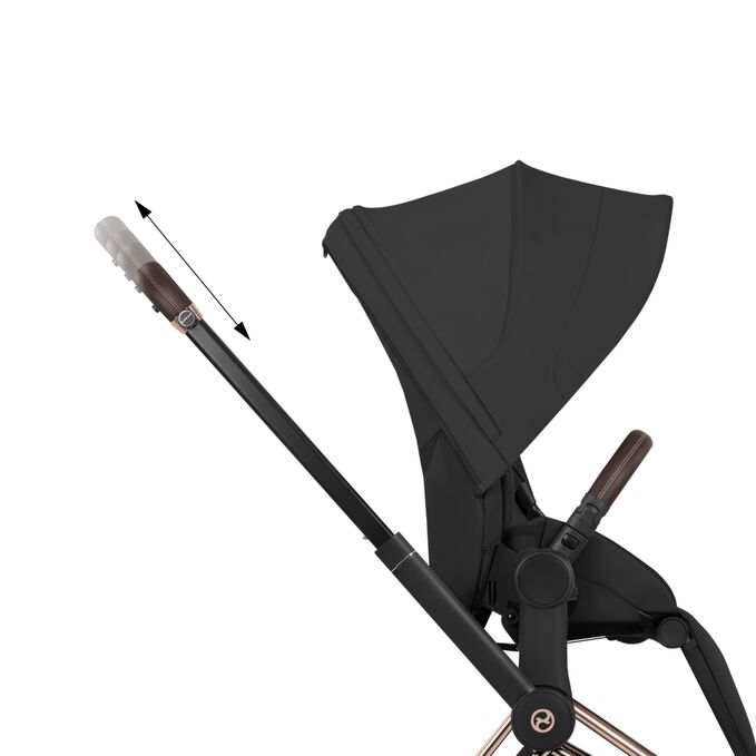 An image of the CYBEX Platinum e-Priam - Style Collection Stroller, highlighting the One-hand height adjustable handlebar feature.