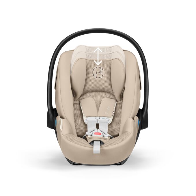 An image of the CYBEX Gold Cloud G Pro with Load Leg Base Infant Car Seat, highlighting the 12-Position Height-Adjustable Headrest feature.