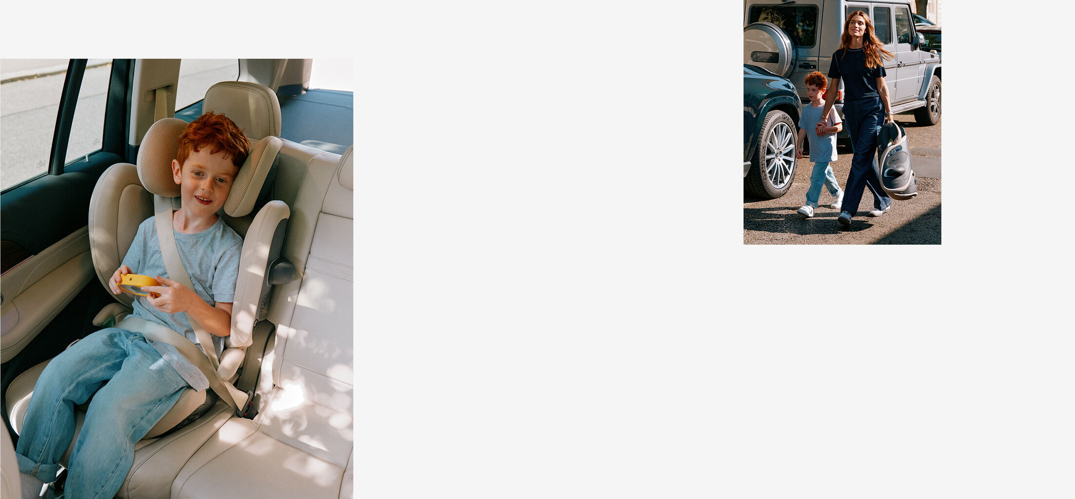 Two images. In one, a child is sitting in a CYBEX car seat in the back of a car, in the other, a mother is lifting her son out of the car, a CYBEX car seat can be seen in the background.