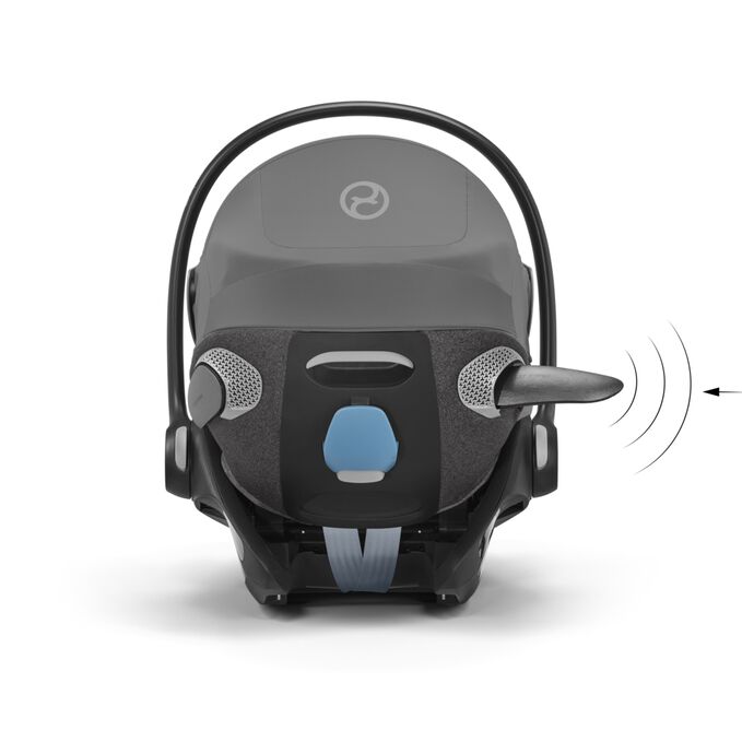 An image of the CYBEX Platinum Cloud T with Load Leg Base Infant Car Seat, highlighting the 25% More Side-impact Protection feature.