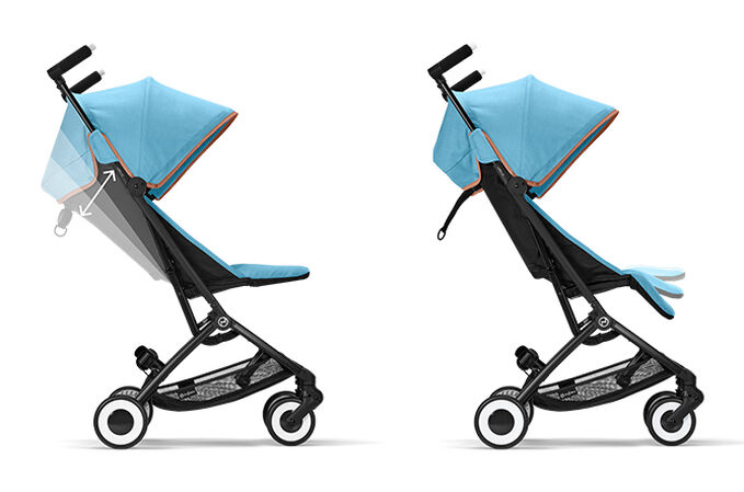 An image of the CYBEX Gold Libelle Buggy, highlighting the Infinite Recline & Adjustable Legrest feature.