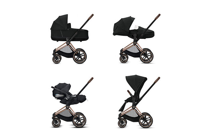 An image of the CYBEX Platinum Priam 3 Frame Stroller, highlighting the 4-in-1 travel system feature.