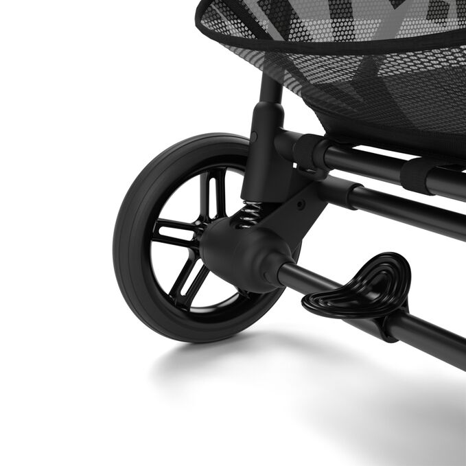 Ein Bild des CYBEX Gold Melio Street Stroller, das das Merkmal Radfederung hervorhebt.