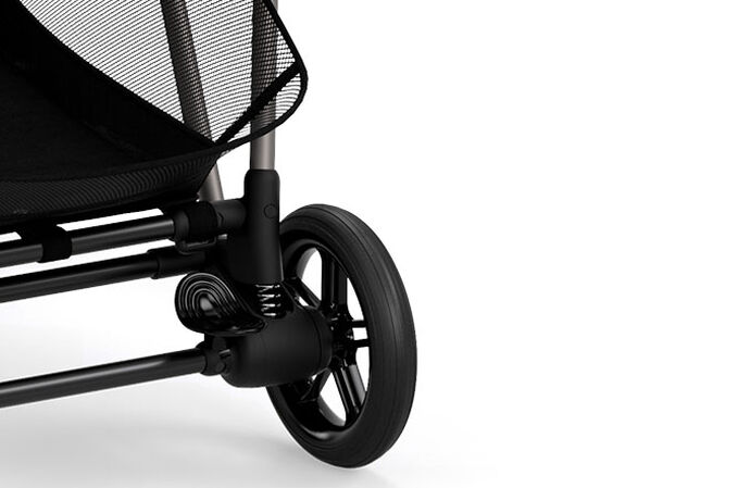 An image of the CYBEX Gold Melio Stroller, highlighting the Wheel suspension feature.
