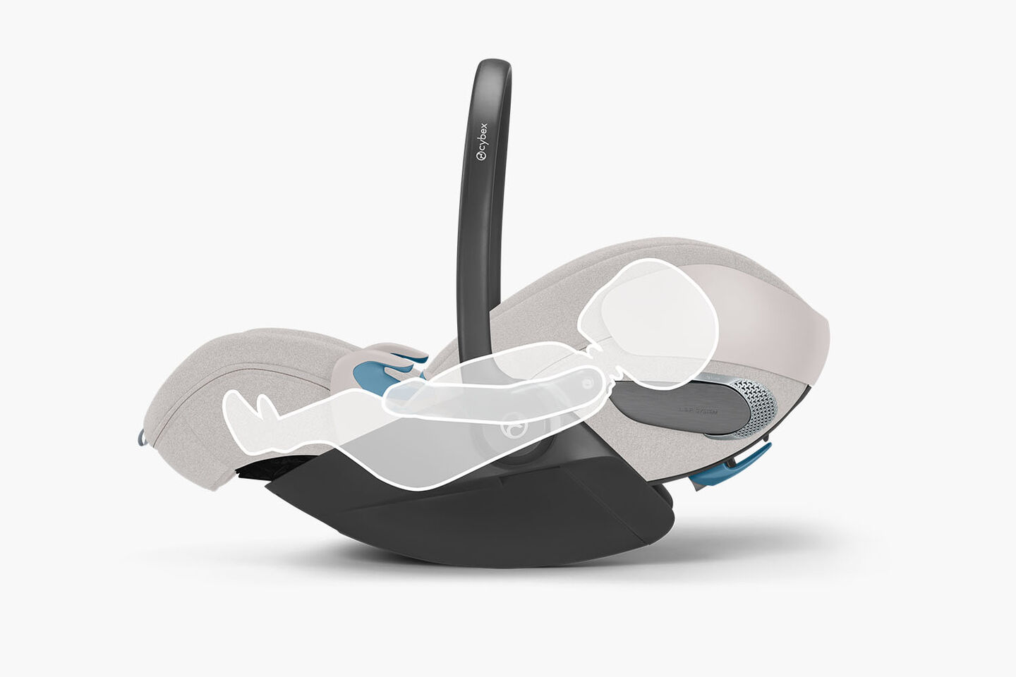 CYBEX car seat reclined with the outline of a dummy inside to show the child lying reclined.