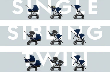 An image of the CYBEX Gold Gazelle S Sibling Stroller, highlighting the All-in-One Modular System feature.