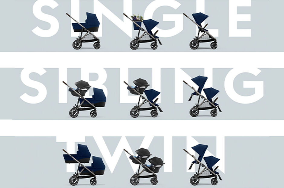An image of the CYBEX Gold Gazelle S Sibling Stroller, highlighting the All-in-One Modular System feature.