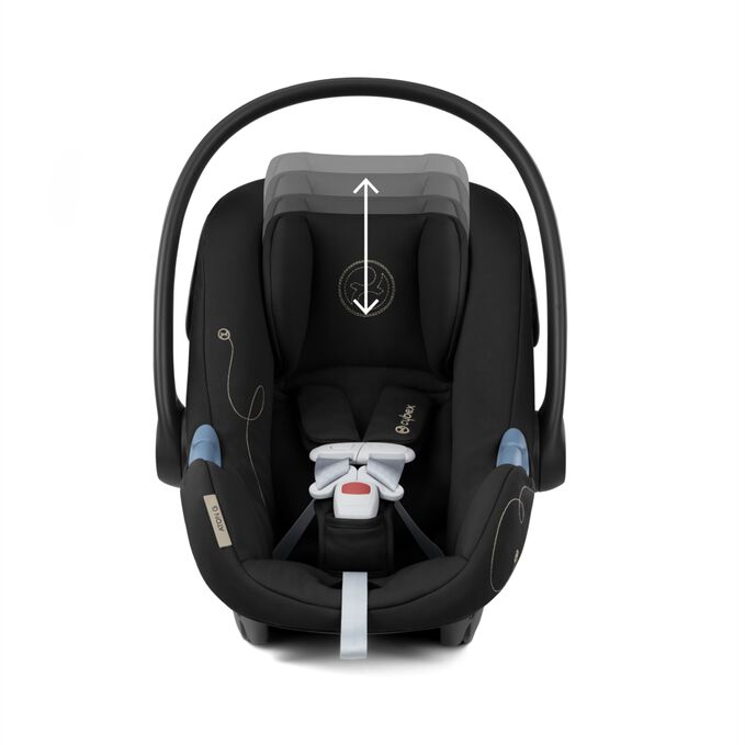 An image of the CYBEX Gold Eos and Aton G Travel System Stroller, highlighting the 11-Position Adjustable Headrest feature.