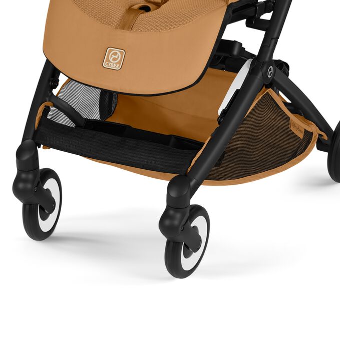 An image of the CYBEX Gold Libelle Stroller, highlighting the Spacious Color-Coordinated Shopping Basket feature.
