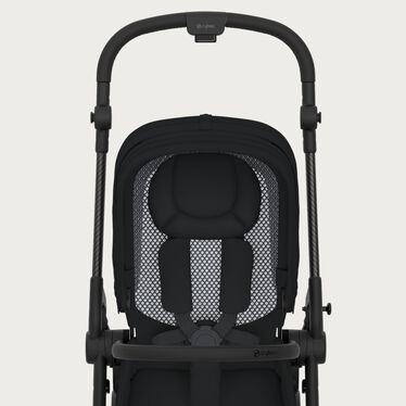 An image of the CYBEX Gold Melio Carbon Stroller, highlighting the Breathable Backrest feature.