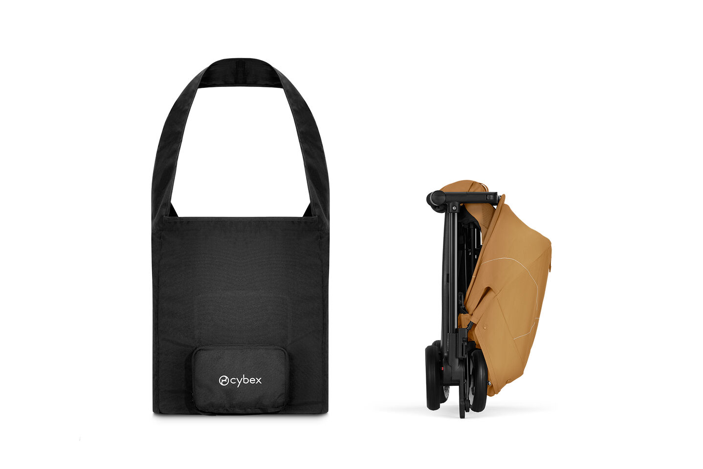 Product image of a folded Libelle buggy with a travel bag to its left.