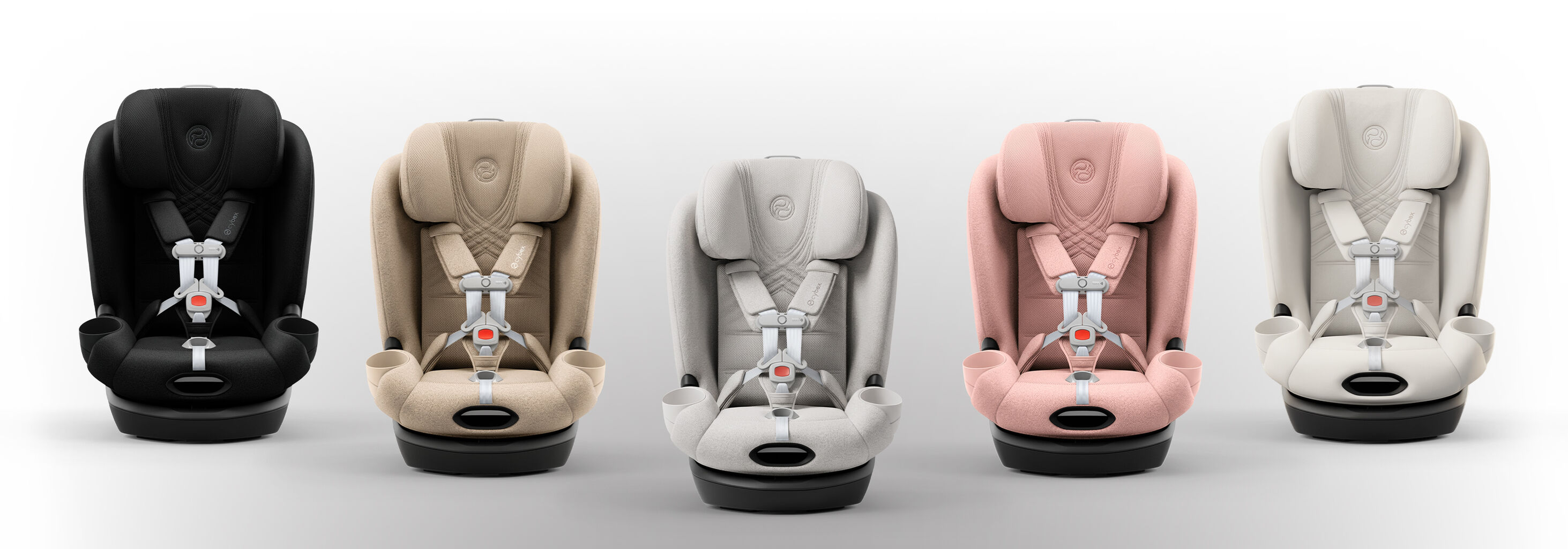 Five different colors of the Callisto T 360 car seats&acute;.