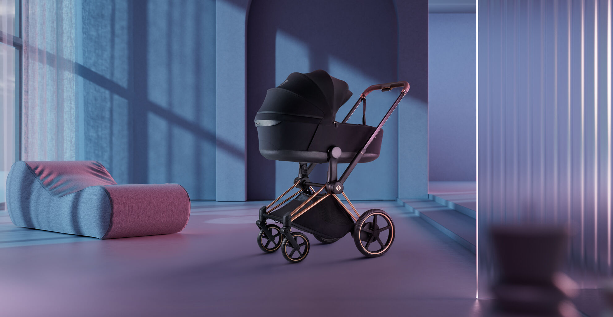 CYBEX Platinum stroller e-Priam with a foldable Lux Carry Cot attached.