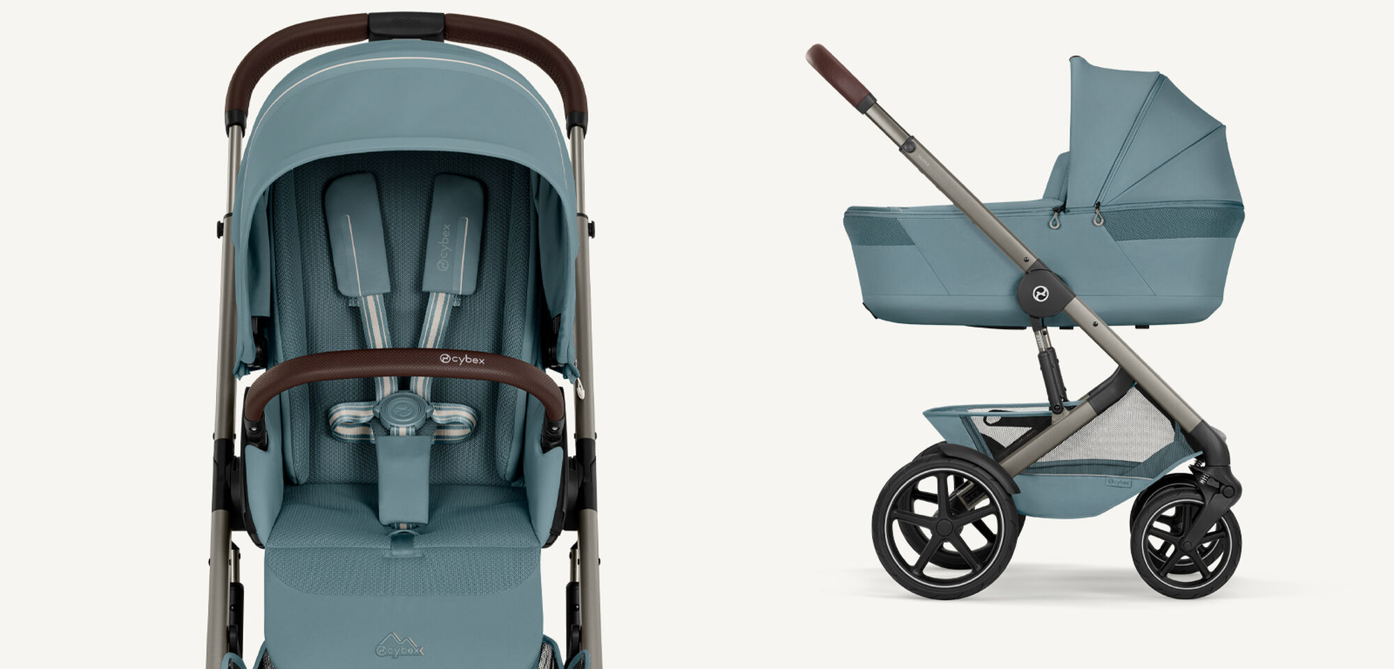 Product images of a Talos S Lux in Stormy Blue, a close up on the left and a sideview on the right.