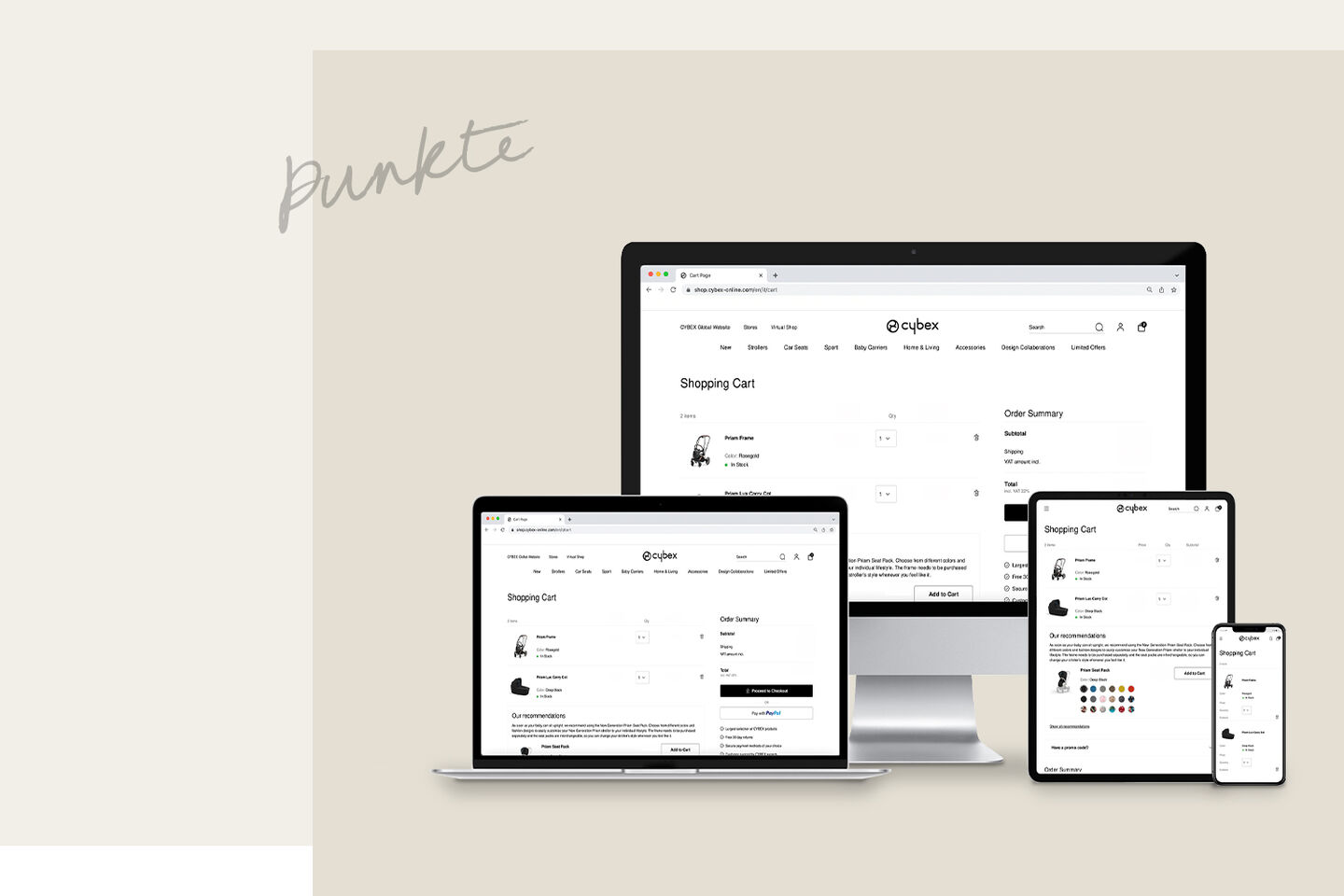 Computerbildschirm, Laptop, Tablet und Smartphone zeigen die Cybex-Website mit einem Einkaufswagen.
