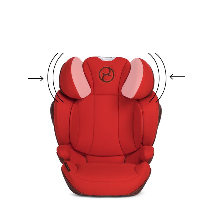 An image of the CYBEX Platinum Solution Z-fix Child Car Seat, highlighting the The head is actively guided into a safe position feature.