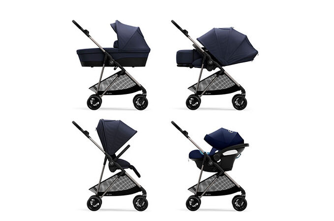 Ein Bild des CYBEX Gold Melio 1 Stroller, das das Merkmal Reisesystem hervorhebt.