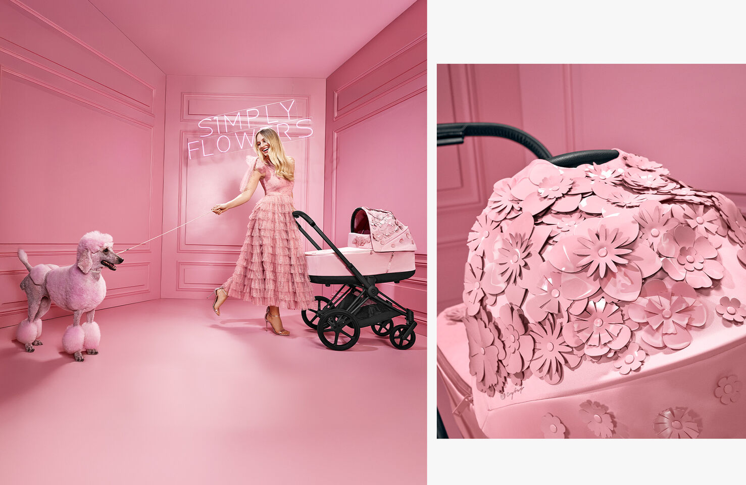 Two images. On the left, a woman in a pink room wearing all pink has a dog on a leash, Simply Flowers is written behind her and a Simply Flowers stroller is to her right. On the right picture, a close-up of the 3D details on the stroller.