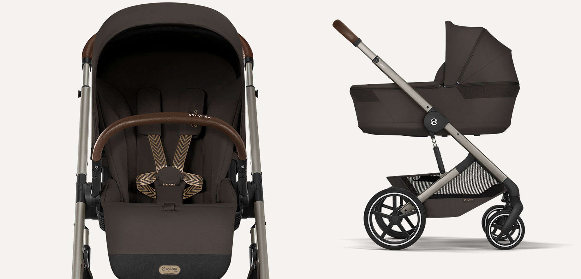 A Balios stroller with a seat pack (left) and a Cot (right) in Chocolate Brown.